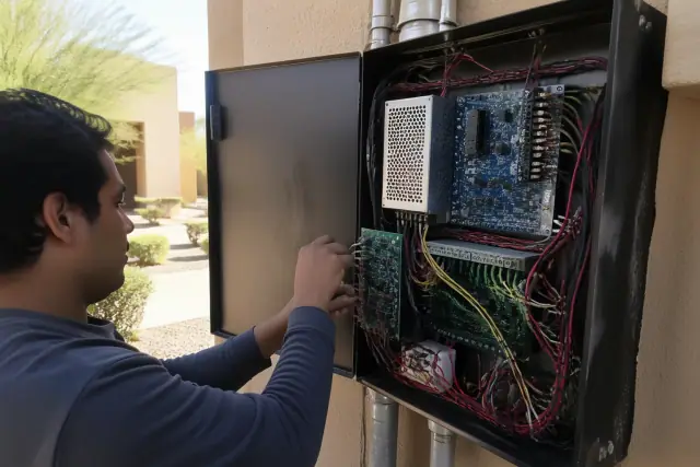 Technician wiring a multi-building fire alarm control panel inside a commercial building in Phoenix, AZ.
