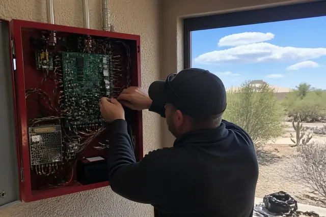 Technician wiring a fire alarm control panel in a Phoenix, AZ building with desert views visible through the window.