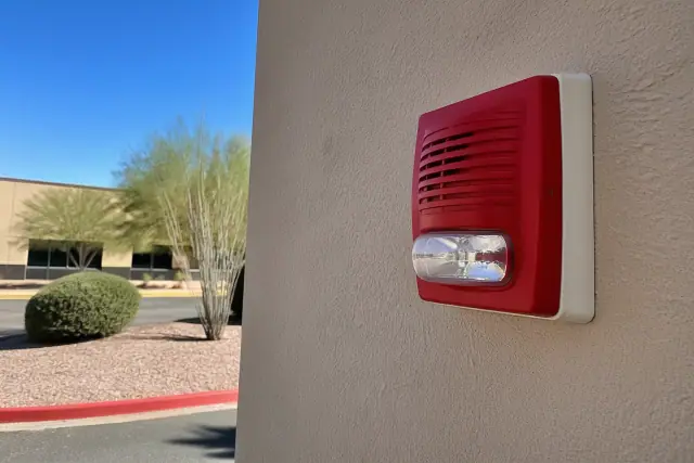 Wall-mounted fire alarm horn-strobe device on a stucco building exterior in Phoenix, AZ.