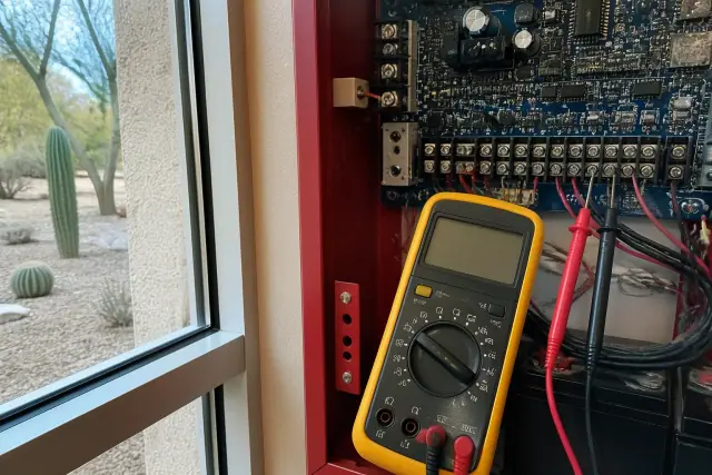 Diagnostic multimeter testing voltage at a fire alarm system terminal block in Phoenix, AZ.