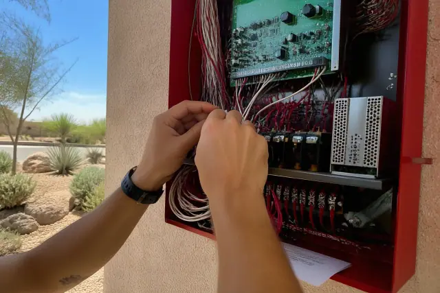 Technician wiring a fire alarm control panel cabinet with circuit boards in Phoenix, AZ, with desert landscaping behind.