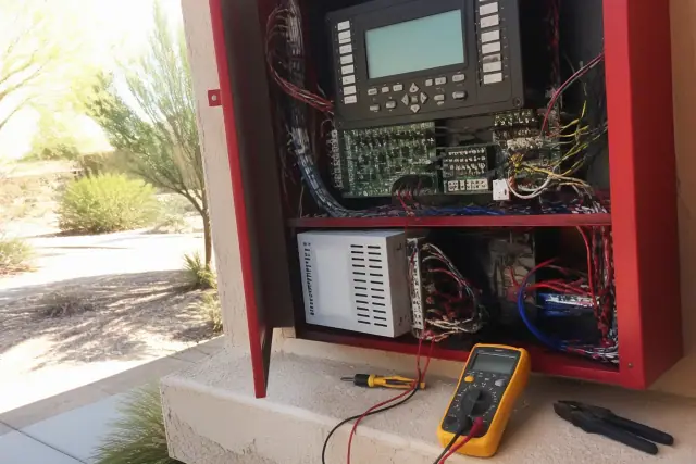 Technician hands working on a fire alarm control panel with complex wiring in Phoenix, AZ.
