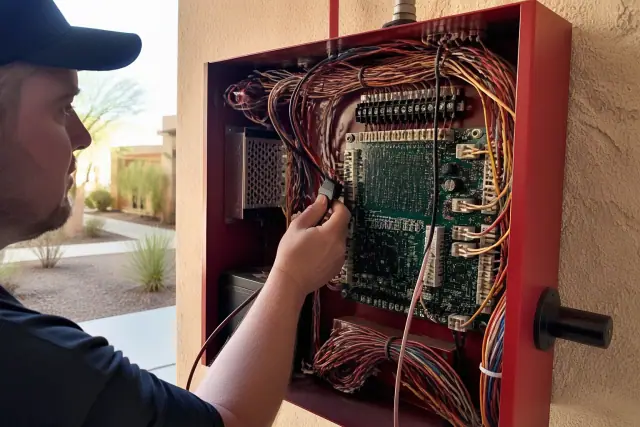 Technician working on a fire alarm control panel interior in Phoenix, AZ.