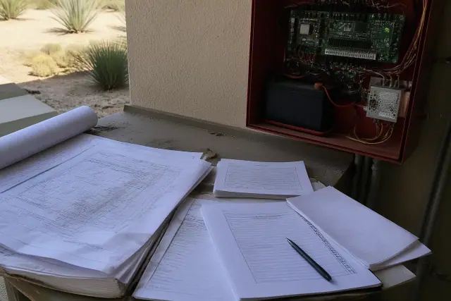 Blueprints and fire alarm code checklists on a workbench in Phoenix, AZ, with a stucco wall and desert background.