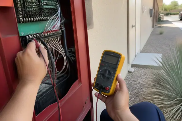 Technician using a multimeter to check a fire alarm terminal block at a commercial building in Phoenix, AZ.