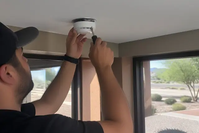Technician mounting a smoke detection sensor to a commercial ceiling in Phoenix, AZ.