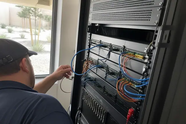 Close-up of modular amplifier cards and signal cables in a voice evacuation server rack in Phoenix, AZ.