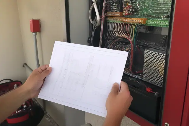 Technician wiring a fire alarm control panel with a riser diagram on a jobsite in Phoenix, AZ.