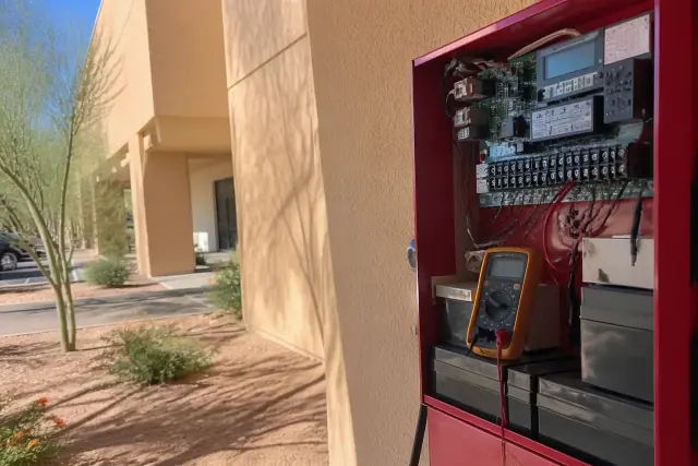 Technician using a multimeter on a fire alarm system terminal block at a commercial building in Phoenix, AZ.