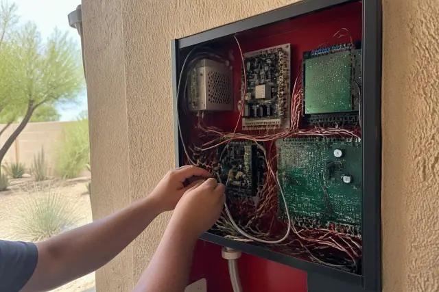Technician wiring a residential fire alarm control panel during a retrofit in Phoenix, AZ.