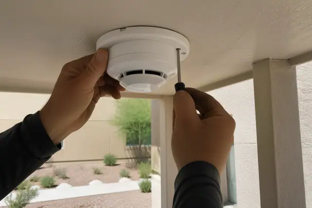 Technician installing a smoke detection sensor on a commercial ceiling in Phoenix, AZ.
