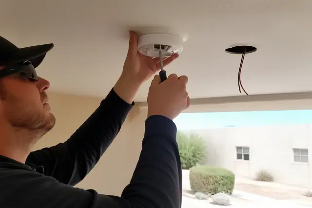 A technician installing a smoke detector on a commercial ceiling in Phoenix, AZ.