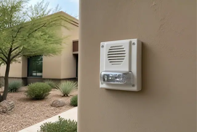 Wall-mounted horn-strobe emergency notification device installed on a stucco building in Phoenix, AZ.
