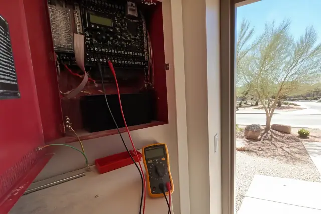 Multimeter testing a fire alarm terminal block during maintenance in a Phoenix, AZ office.