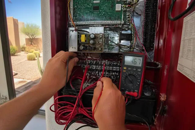 Handheld multimeter testing terminal block pins inside a fire alarm cabinet in Phoenix, AZ.