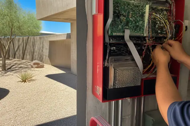 Technician wiring a fire alarm control panel during an upgrade at a jobsite in Phoenix, AZ.