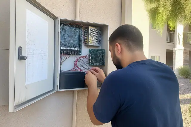 Technician wiring a fire alarm control panel in a Phoenix, AZ, building.