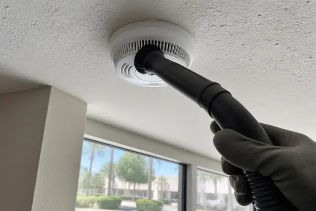 Vacuum cleaner removing dust from a smoke alarm sensor on a ceiling in Phoenix, AZ.