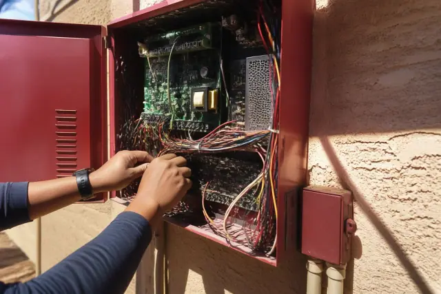 Technician working on multicolored wiring inside a fire alarm control panel in Phoenix, AZ.