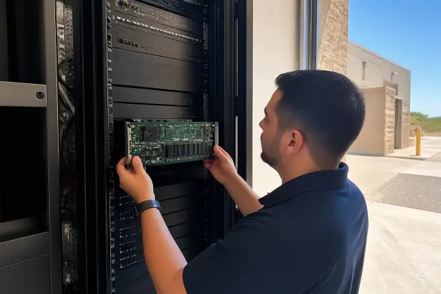Technician inspecting modular fire alarm amplifier cards in a server rack at a warehouse in Phoenix, AZ.