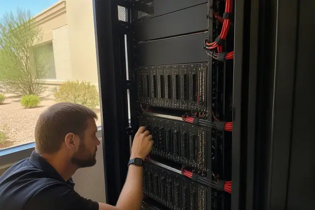 Technician inspecting a voice evacuation and mass notification system rack in Phoenix, AZ.