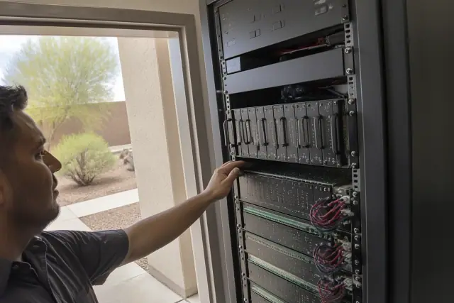 Technician inspecting voice evacuation and mass notification system modules in a Phoenix, AZ server rack.