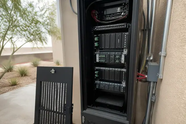 Technician inspecting voice evacuation and mass notification system wiring in a Phoenix, AZ server rack.