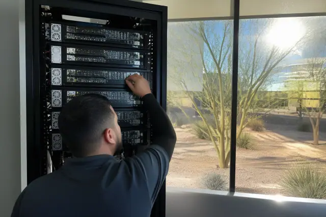 Technician inspecting voice evacuation amplifier cards in a server rack at a building in Phoenix, AZ.