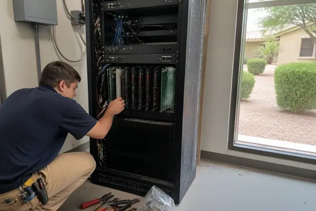 Technician inspecting fire alarm voice evacuation amplifier cards in a server rack at a site in Chandler, AZ.