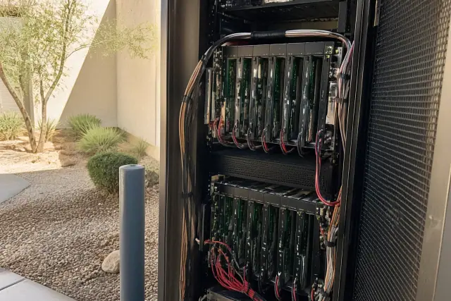 Technician inspecting fire alarm voice evacuation amplifier cards in a server rack in Glendale, AZ.
