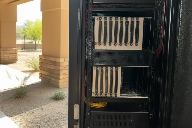 Technician inspecting voice evacuation and mass notification system rack in Phoenix, AZ.
