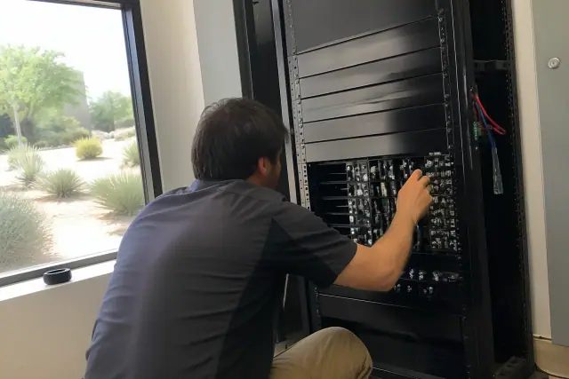Technician inspecting fire alarm voice evacuation amplifier cards in a server rack in Scottsdale, AZ.