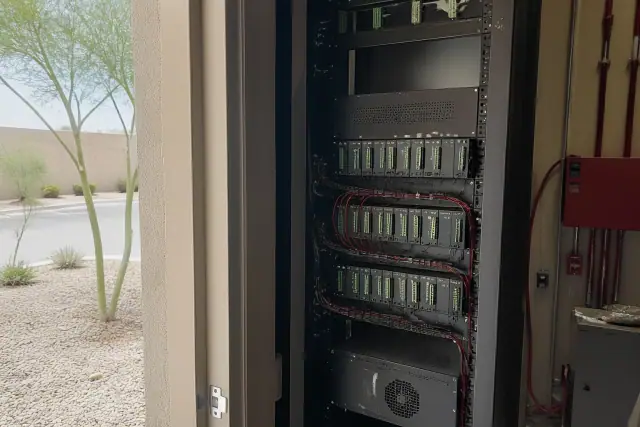 Voice evacuation and mass notification system rack in a commercial fire alarm room in Peoria, AZ.