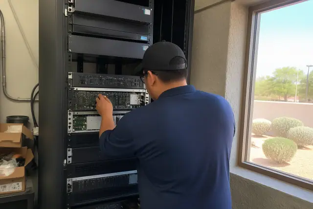 Technician inspecting voice evacuation and mass notification system amplifier cards in Avondale, AZ.