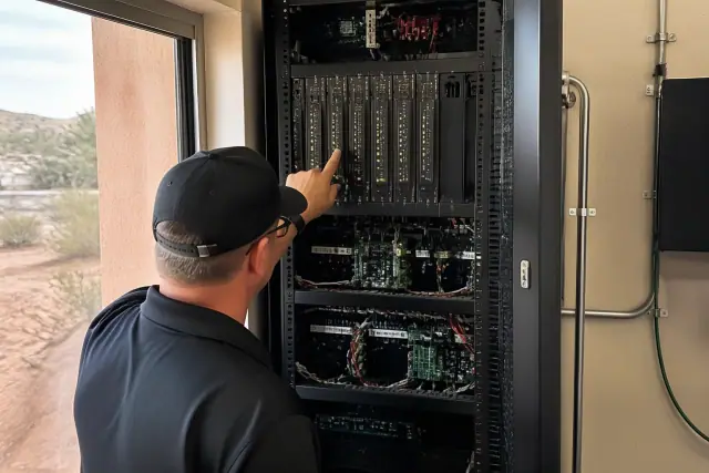 Technician inspecting fire alarm voice evacuation system components in a server rack in Gilbert, AZ.
