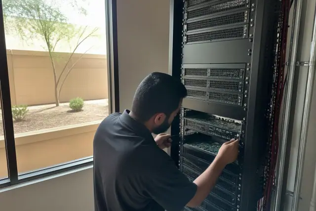 Technician inspecting a voice evacuation amplifier rack at a fire alarm system jobsite in Tempe, AZ.