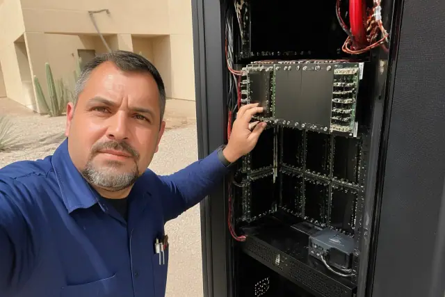 Technician inspecting modular amplifier cards in a fire alarm rack at a job site in Phoenix, AZ.