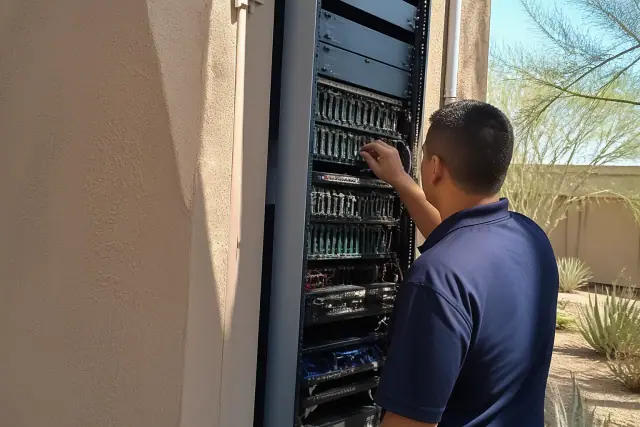 Technician inspecting modular amplifier cards in a voice evacuation system rack at a worksite in Phoenix, AZ.