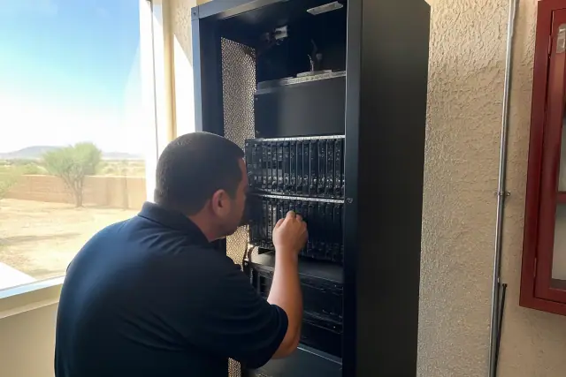 Technician inspecting fire alarm voice evacuation amplifier cards in a server rack in Phoenix, AZ.