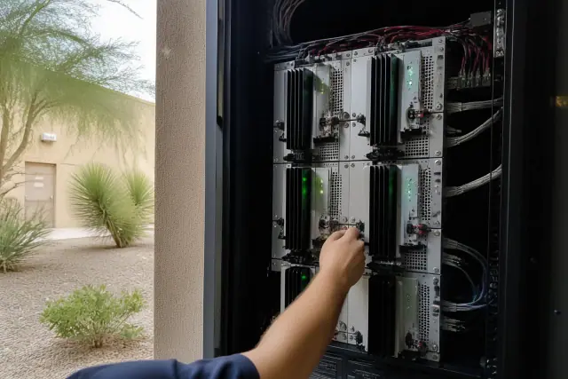 Technician inspecting modular voice evacuation system amplifiers in a Phoenix, AZ server rack.