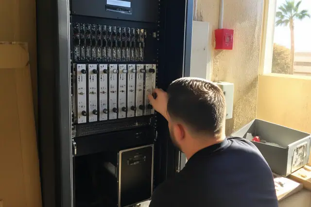 Technician inspecting a voice evacuation amplifier rack at a fire alarm system worksite in Phoenix, AZ.