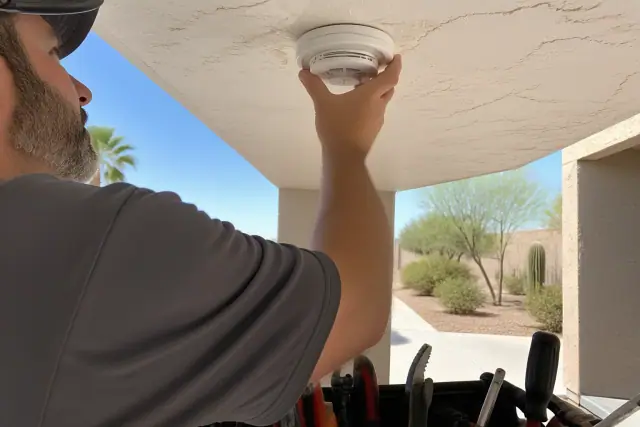 Technician installing a smoke detector on a commercial ceiling in Phoenix, AZ.