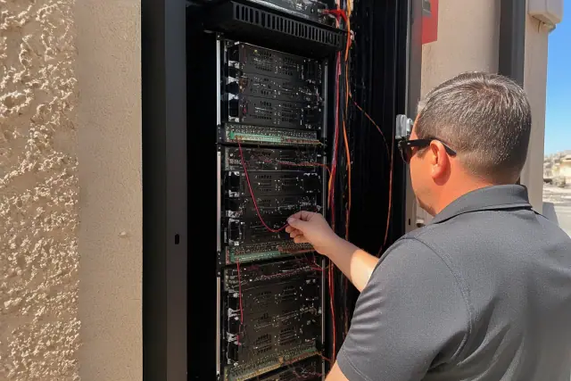 Technician inspecting a voice evacuation amplifier rack at a job site in Phoenix, AZ.
