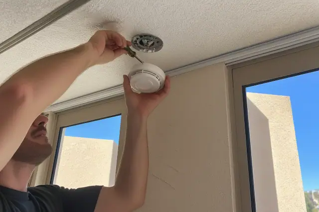 Technician installing a wireless smoke detector on a commercial ceiling in Phoenix, AZ.