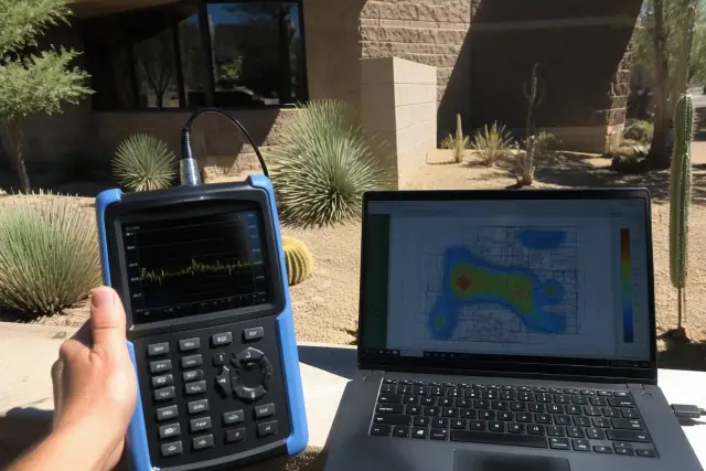 Technician using a handheld multimeter to test fire alarm system voltage in Phoenix, AZ.