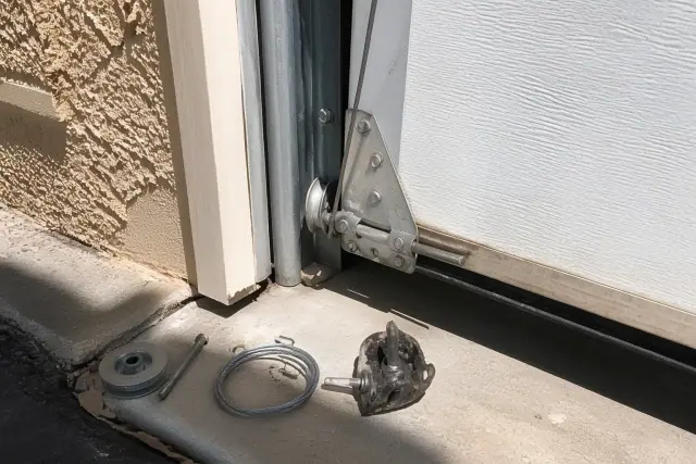 New garage door cable installed on a bottom bracket with tools on a stucco wall in Phoenix, AZ.