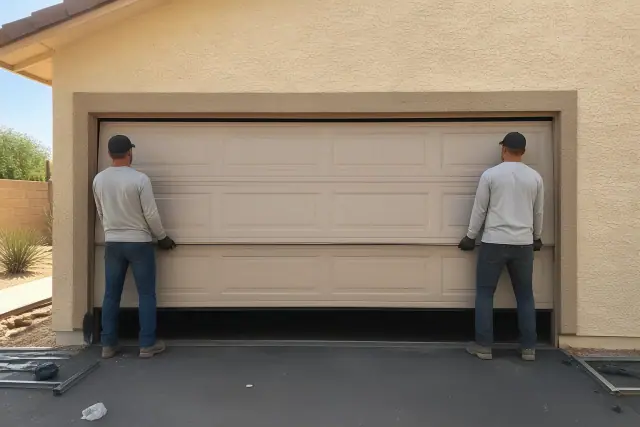 Two workers performing a synchronized lift of a double-wide garage door at a residential home in Phoenix, AZ.