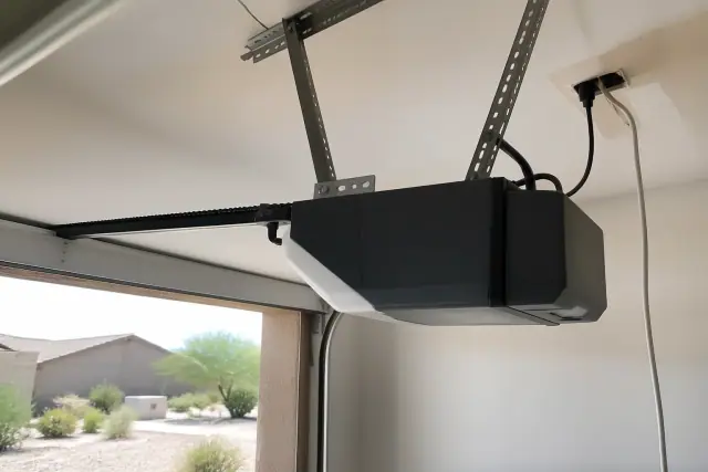 Garage door opener motor assembly mounted to a ceiling in Phoenix, AZ, with desert landscaping visible outside.