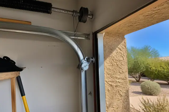Garage door cable repair in progress at an interior workspace in Phoenix, AZ.