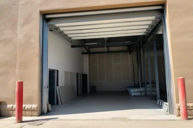 Commercial garage door with new high-lift track system being installed at a warehouse in Phoenix, AZ.